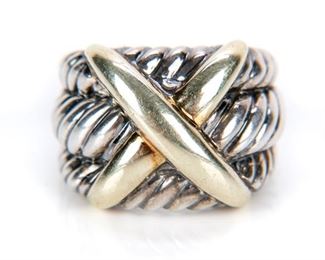 David Yurman Sterling Silver 14K Yellow Gold Cable Band X Design Ring - Size 6