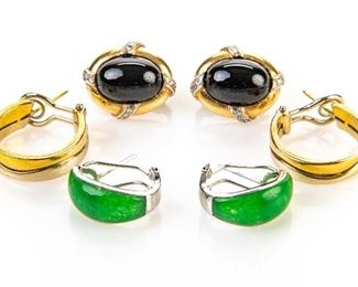 Three Pairs Of Earrings, 14K, 18K, Sterling