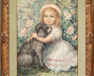 Leonardo Pizzanelli (Italy, B.1920) Oil On Canvas, Little Girl And Her Dog