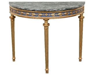 19th C. Empire Style Carved, Painted And Gilt Demilune Console With Marble Top