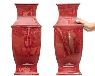 Pair Large Angular Sang De Boeuf Porcelain Vases