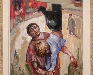 Albert Locca Or Bernard Locca, 20th C. Oil On Canvas, Circus Acrobats