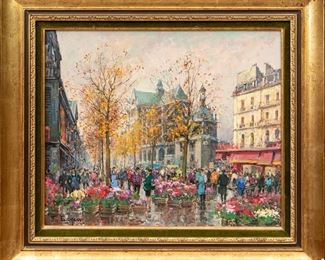 Juan Bayon Salado (Spain, 1912-1995) Oil On Canvas, Les Halles- Le Marche Aux Fleurs, Paris