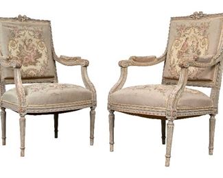 Pair Of 19th C. Carved And Painted Louis XVI Fauteuils Frames