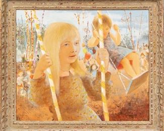 Signed 20th C. Oil On Canvas, Children On A Swing