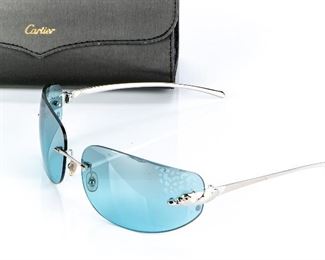 Cartier Silvertone Panthere De Blue Rimless Sunglasses With Case