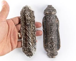 Two Beautifully Cast Sterling Silver Mezuzahs