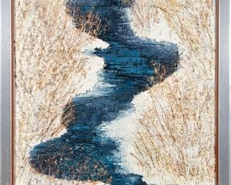 Contemporary Acrylic On Canvas, Abstract Landscape In White And Blue
