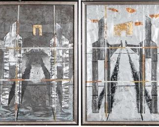 Robert Berg (20th C.) Contemporary Mixed Media Diptych, Abstracts In Black And Gray- "Bridge"