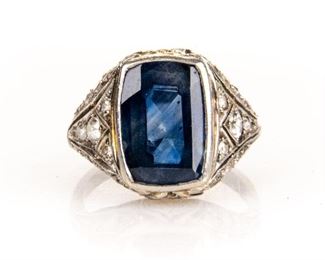 An Antique Diamond & Sapphire Ring Set In Platinum