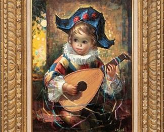 R. Cebal, 20th C. Oil On Canvas, Harlequin Child