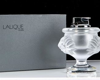 Lalique Tabletop Lighter With Two Lion Heads Done In Frosted Glass, Tete De Lion Briquet