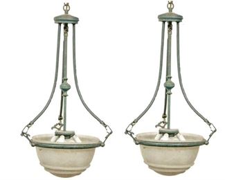 Pair Glass And Copper Pendant Lights On Stand