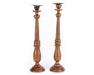 Pair Of Antique Rustic Turned Wood Magnum Candlesticks
