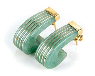 Jade And 14K Gold Pierced Earrings
