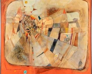 Mildred Hado (American, 20th C.) Acrylic On Masonite, Spiderweb Composition