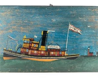 Antique Hand-Painted Plaque Of A Tugboat