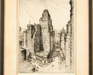 Anton Schutz (German, 1894-1977) Signed Etching "Tower Above The Street" Equitable Trust Building