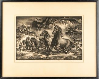 Reynold Henry Weidenaar (American, 1915 - 1985) Mezzotint Titled "Grain Trashers, Old Mexico"