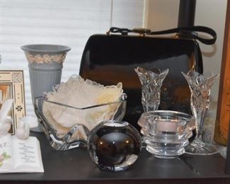Vintage Handbag, Wedgwood Vase, Glassware, Candle Holders