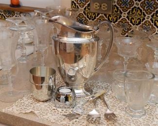 Silver Plate Pitcher, Jefferson Cups, Utensils