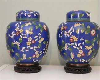 Pair of Chinese Blue Cloisonne Ginger Jars