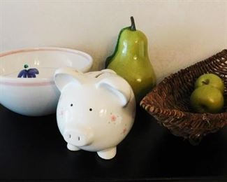 Porcelain Pig, Bowl, And Wicker Center Piece And Pear
Lot #: 32