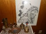 beautiful Indian sketch by Therlee Gipson a Texan Artist and brass items.