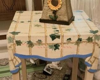 Hand painted table and several bird cages