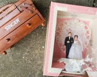 Vintage Singer Sewing box and vintage wedding topper 