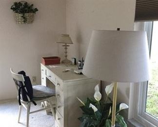 White Desk and White Desk Chair, Tall Lamp with White Table, Small Desk Lamp, Decorative Planters