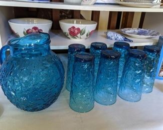 Anchor Hocking Lido 
Blue glass  ball pitcher and glasses