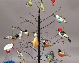 wire tree with glass bird ornaments - modern