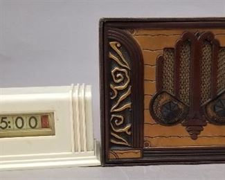 vintage clock and leather covered radio