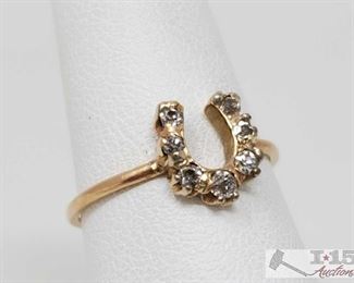 106: 14k Gold Horseshoe Diamond Ring, 1.2g
Weighs approx 1.2g, approx size 6 
J13 3 of 5