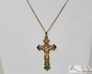 110: 14k Gold Necklace with Cross Pendent, 8.8g
Weighs approx 8.8g, chain measures approx 24" and pendant measures approx 2" 
J24 1 of 5