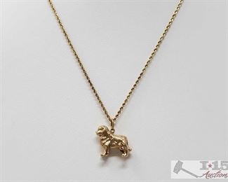 112:14k Gold Necklace with Dog Pendent, 17.6g
Weighs approx 17.6g, measures approx 18" 
J12 1 of 3