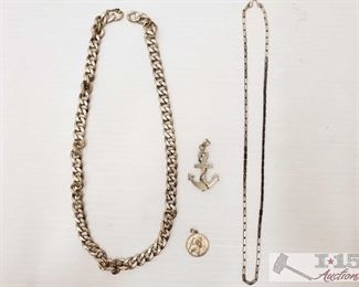 205: Sterling Silver Items
This collection includes two necklaces and two Pendants all sterling silver Weighs approx 124.8g together 
J10 2 of 3