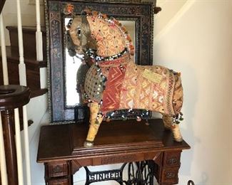 Singer sewing machine, mirror, Whimsical handmade horse