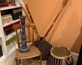 Crazy cool walking sticks with hand thrown pottery toppers! Great selection of baskets and storage items