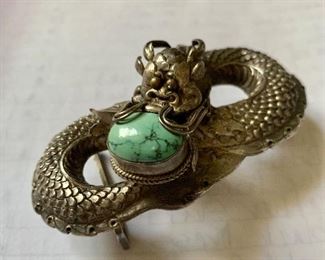 Sterling Silver Dragon belt buckle with turquoise