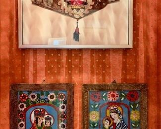 Framed antique  belt from Thailand, reverse painted Madonna's!