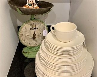 Set of Stafforshire off white dinner ware and an antique English scale! Tons of cute salt and peppers too!
