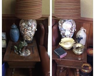 Pair of Dough Box End Tables and Shell Lamps