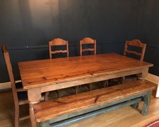 Dining room table and chairs w bench
Made in Mexico.
Large, heavy wooden piece. $680.00