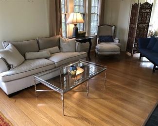 Beautiful, comfy, two cushioned couch, all pillows included $324
Black side tall table 72.00