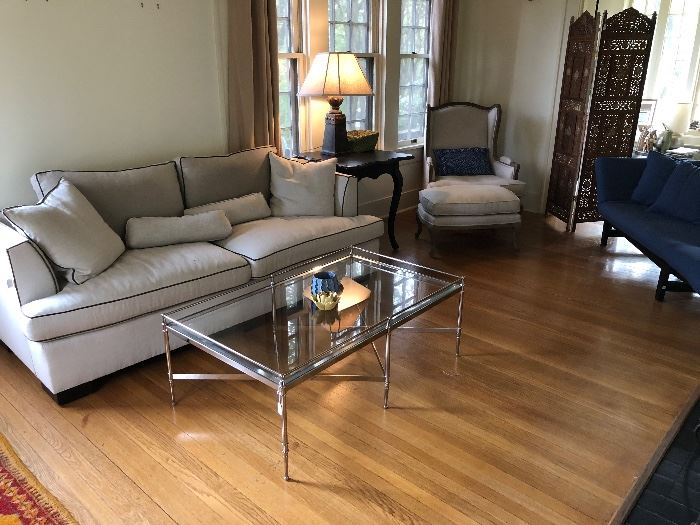 Beautiful, comfy, two cushioned couch, all pillows included $324
Black side tall table 72.00