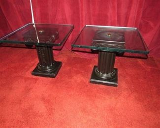 Pair of wood column glass top tables