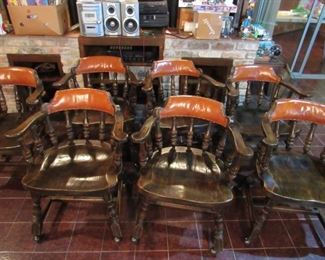 7 leather backed oak chairs