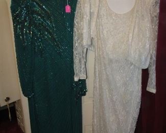 A full closet of sequined evening wear